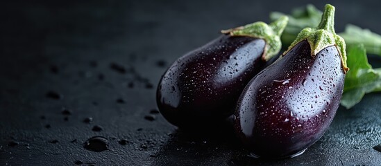 Fototapete - Fresh eggplants on a dark backdrop. with copy space image. Place for adding text or design