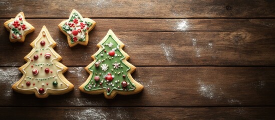 Aufkleber - Three Christmas Tree Cookies with various Decorations on a Wooden Background. with copy space image. Place for adding text or design