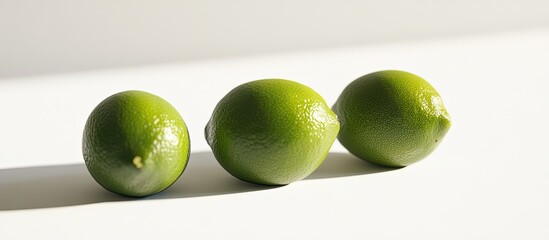 Fototapete - Three fresh limes on a white backdrop. with copy space image. Place for adding text or design