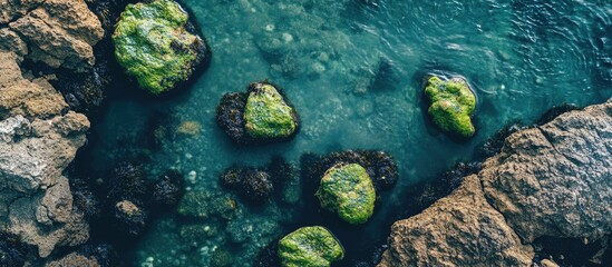 Aufkleber - A top view of an ocean tide pool featuring rocks covered in algae. with copy space image. Place for adding text or design
