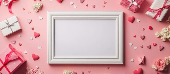 Poster - An empty white photo frame surrounded by flowers hearts gifts and confetti on a pink background Concept for holidays birthdays or Valentine s Day Flat lay top view copyspace