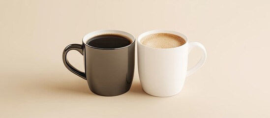 Leinwandbilder - Angled view of two coffee mugs one with creamer and the other with black coffee. with copy space image. Place for adding text or design