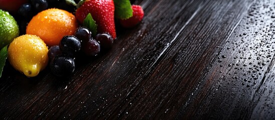 Fototapete - Fresh fruits with water droplets on a dark wooden table copyspace