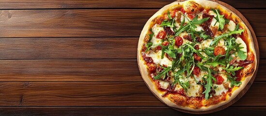 Fototapete - Brazilian style pizza featuring mozzarella sun dried tomatoes and arugula Top view Copy space Pizza de tomate seco com rucula