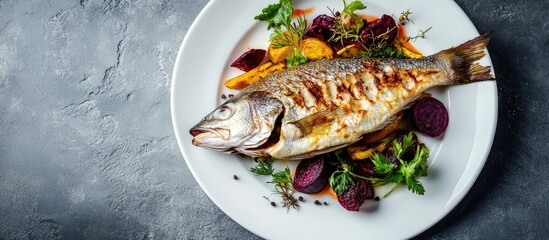 Aufkleber - Fried perch fish with vegetables on a white plate against a grey table background with copy space close up Grilled pike perch served with beetroot vegetables and sauce