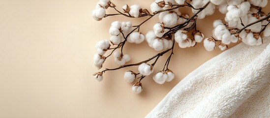 Leinwandbilder - Soft cotton flowers and a white terry towel on a beige backdrop top view Room for text. with copy space image. Place for adding text or design