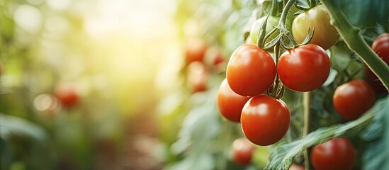 Poster - Beautiful tomatoes cultivated in a greenhouse Gardening tomato image with copy space Shallow depth of field