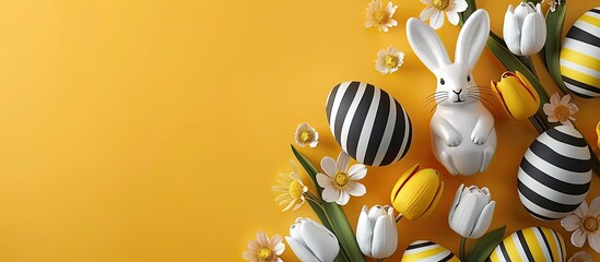 Poster - Bright Easter greeting card backdrop Stylish black and gold striped Easter eggs decorated with white bunny rabbits and tulip flowers on a vibrant yellow background flat lay copy space