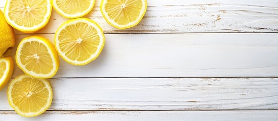 Fototapete - Background featuring lemon slices on a white wooden board Template. with copy space image. Place for adding text or design