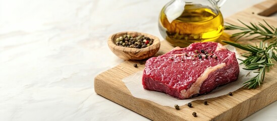 Fototapete - Raw beef steak on a light wood surface accompanied by olive oil and spices. with copy space image. Place for adding text or design