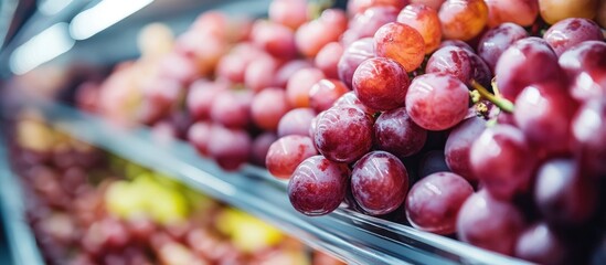 Fototapete - Close up of red grapes on a shelf in a fresh market Healthy fruits known for their antioxidants Suitable for background wallpaper and copyspace