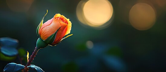 Aufkleber - Attractive orange bud of the Westerland rose illuminated by natural sunlight against a dark green backdrop in the garden Vivid orange hue and delightful fragrance Selective focus Nature concept for