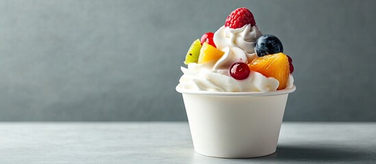Aufkleber - A cup filled with ice cream topped with fruits and cream. with copy space image. Place for adding text or design