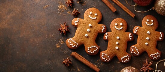 Fototapete - gingerbread man Christmas cookie with cinnamon vanilla and ginger is a festive sweet dessert for holiday baking perfect for New Year meals and snacks on the table with copy space for a food backgro