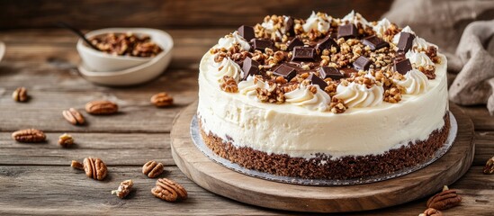 Aufkleber - Homemade cake cheesecake adorned with nuts and chocolate on a wooden table copyspace