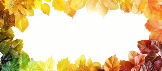 Aufkleber - The right border features a frame of autumn leaves A rainbow gradient of yellow orange brown and green overlaps in rows and columns There is a blank white background on the left for copy space