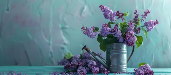 Fototapete - Bunch of purple lilacs with a metal watering can. with copy space image. Place for adding text or design