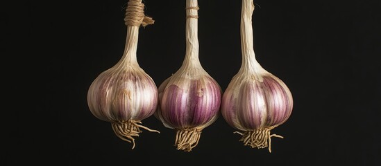 Fototapete - Three garlic heads are suspended on a thread copy space against a black isolated background close up