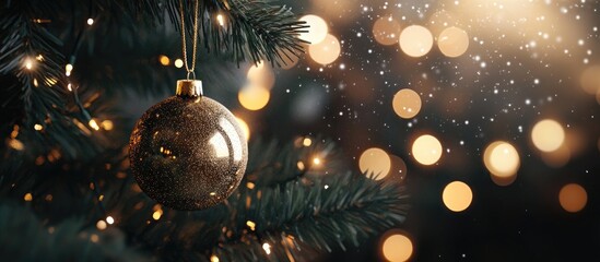 Poster - Stunning Christmas decoration idea bauble suspended on the Christmas tree with a shining light spot blurry dark background macro detail close up. with copy space image