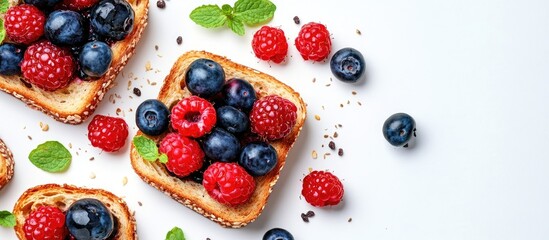 Aufkleber - Berries on toast for breakfast healthy food on a white background top view copy space