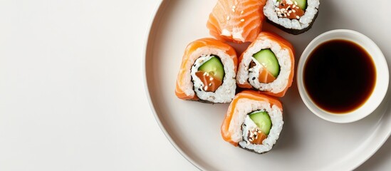 Leinwandbilder - Philadelphia rolls feature salmon cucumber and cheese on a plate with soy sauce set against a white background Top view flat lay Minimal concept. with copy space image