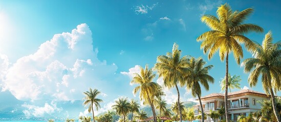 Wall Mural - Exotic vacation resort featuring palm trees a blue sky and a hotel building on a bright sunny summer day. with copy space image. Place for adding text or design