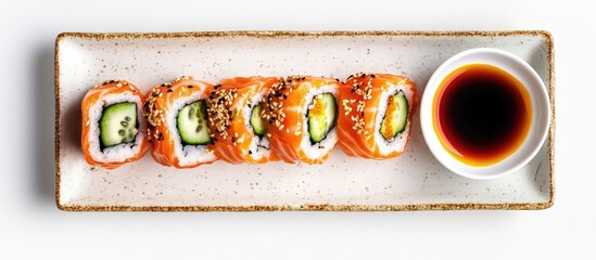 Leinwandbilder - Philadelphia rolls feature salmon cucumber and cheese on a plate with soy sauce set against a white background Top view flat lay Minimal concept. with copy space image