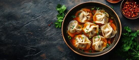 Leinwandbilder - Delicious meat filled dumplings in broth. with copy space image. Place for adding text or design