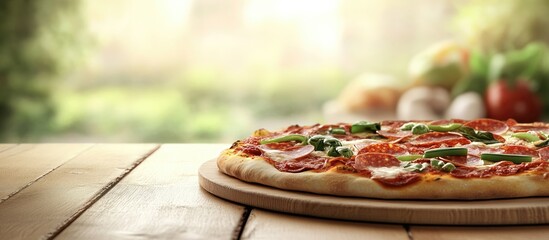 Poster - Delicious pizza featuring salami and green peppers along with a table image. with copy space image. Place for adding text or design