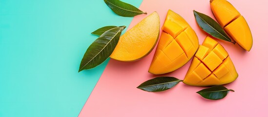 Fototapete - Sweet sliced mango on a colorful background. with copy space image. Place for adding text or design