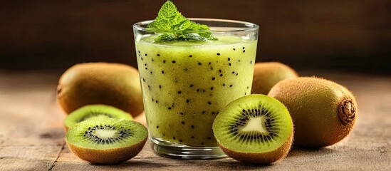 Aufkleber - Summer refreshing beverages featuring a healthy kiwi smoothie in a glass garnished with mint leaves and served alongside halved and whole fresh kiwis on a wooden background Healthy food Copyspace fo
