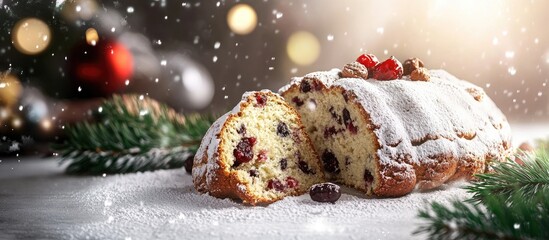 Fototapete - Cut open German Stollen cake a fruit bread made with nuts and dried fruits topped with powdered sugar and traditionally enjoyed during the Christmas season. with copy space image
