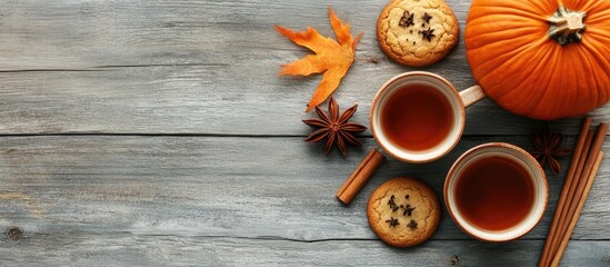 Aufkleber - Autumn flat lay featuring a pumpkin cookies a clay cup of tea and cinnamon chopsticks on a gray wooden surface Fall theme with copyspace Top view