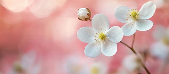 Leinwandbilder - Macro world featuring white forest flowers against a pink background in nature Blooming natural forest flowers captured through macro photography for cards with a stunning array of macro flowers as