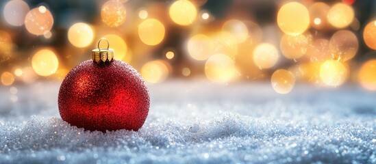 Wall Mural - Christmas decoration featuring a red ball in the snow against a blurred backdrop with vibrant holiday lights Greeting card with space for your text. with copy space image