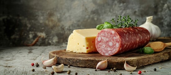 Aufkleber - Cheesy sausages containing cheese garlic spices and herbs on a wooden cutting board against a textured gray background Copy space For design