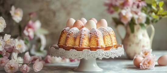 Aufkleber - Easter cake and eggs arranged on a lovely dish atop a table adorned with flowers Close up. with copy space image. Place for adding text or design