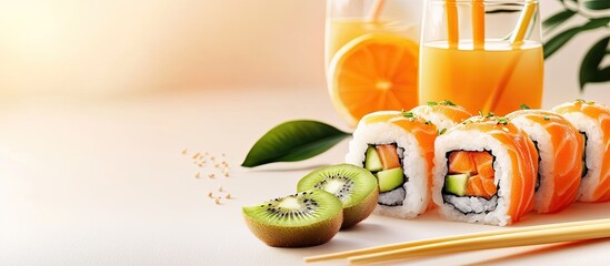 Leinwandbilder - sushi rolls with chopsticks and orange juice with kiwi copyspace