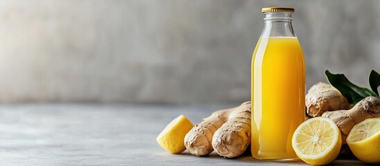 Poster - Bottle of homemade ginger and lemon juice on a light background Horizontal. with copy space image. Place for adding text or design