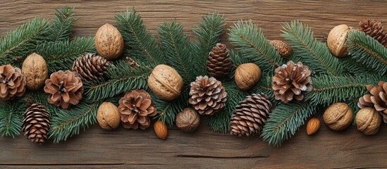 Leinwandbilder - Christmas arrangement Fir tree pine branches pine cones fir cones nuts walnuts pine nuts hazelnuts almonds Christmas tree on a wooden backdrop. with copy space image. Place for adding text or design