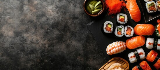 Leinwandbilder - An assortment of sushi on a wooden table with a black slate backdrop Asian cuisine arrangement Dinner gathering Top view Copy space overhead flat lay