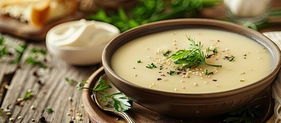 Fototapete - Cheese soup topped with sesame seeds herbs and vegetables served on a beautifully arranged table. with copy space image. Place for adding text or design