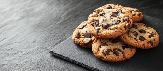 Leinwandbilder - Close up of a pile of chocolate chip cookies on a slate surface Horizontal layout with copy space