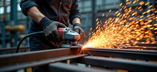 Poster - Worker grinds steel structure in factory. Industrial tech process. Sparks fly from metal. Protective equipment worn. Modern manufacturing. Manual tech. Steel construction. Electric tool. Focus on