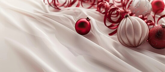 Leinwandbilder - Christmas decorations on a light fabric backdrop with space for text. with copy space image. Place for adding text or design