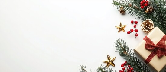 Leinwandbilder - Christmas frame created from Xmas decorations and a vintage paper card Arrangement of a golden gift star red holly berries and green fir branch Xmas flat lay top view set against a white background