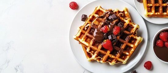 Fototapete - Belgian waffles on a white plate Waffles topped with chocolate A large plate is filled with waffles while a few chocolate topped waffles are on a separate plate Breakfast idea. with copy space image