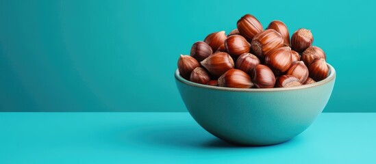 Leinwandbilder - A square photo featuring both peeled and unpeeled roasted chestnuts in an earthenware bowl set against a bright teal blue background. with copy space image. Place for adding text or design