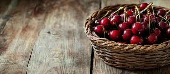 Fototapete - Basket of cherries on a wooden table Copyspace