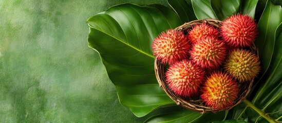 Leinwandbilder - Fresh rambutans in a basket set on a green leaf concept. with copy space image. Place for adding text or design